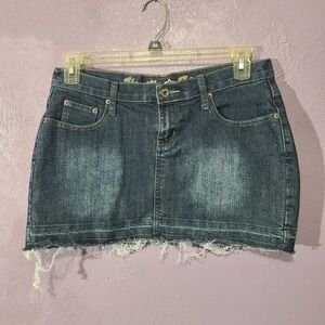 Vanilla Star Denim Mini Skirt Leopard Accents Distressed Hem Size 11 32" Waist M